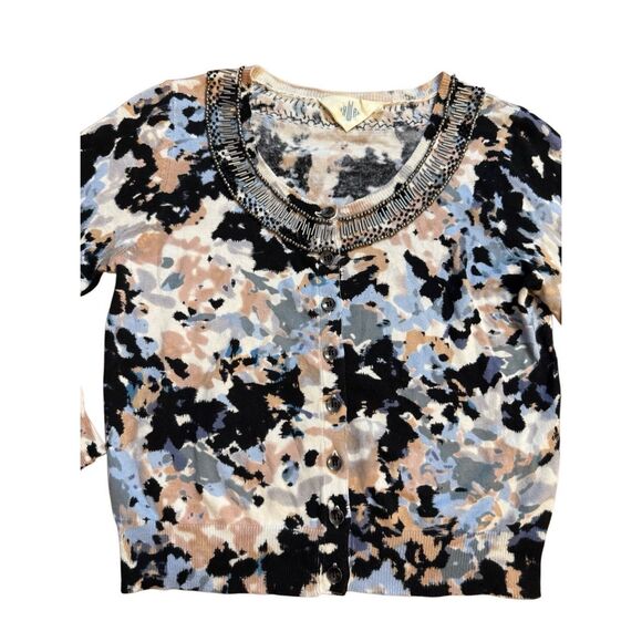 Anthropologie HWR Monogram Beaded Collar Crop Cardigan Sweater Abstract Pattern - Picture 12 of 14